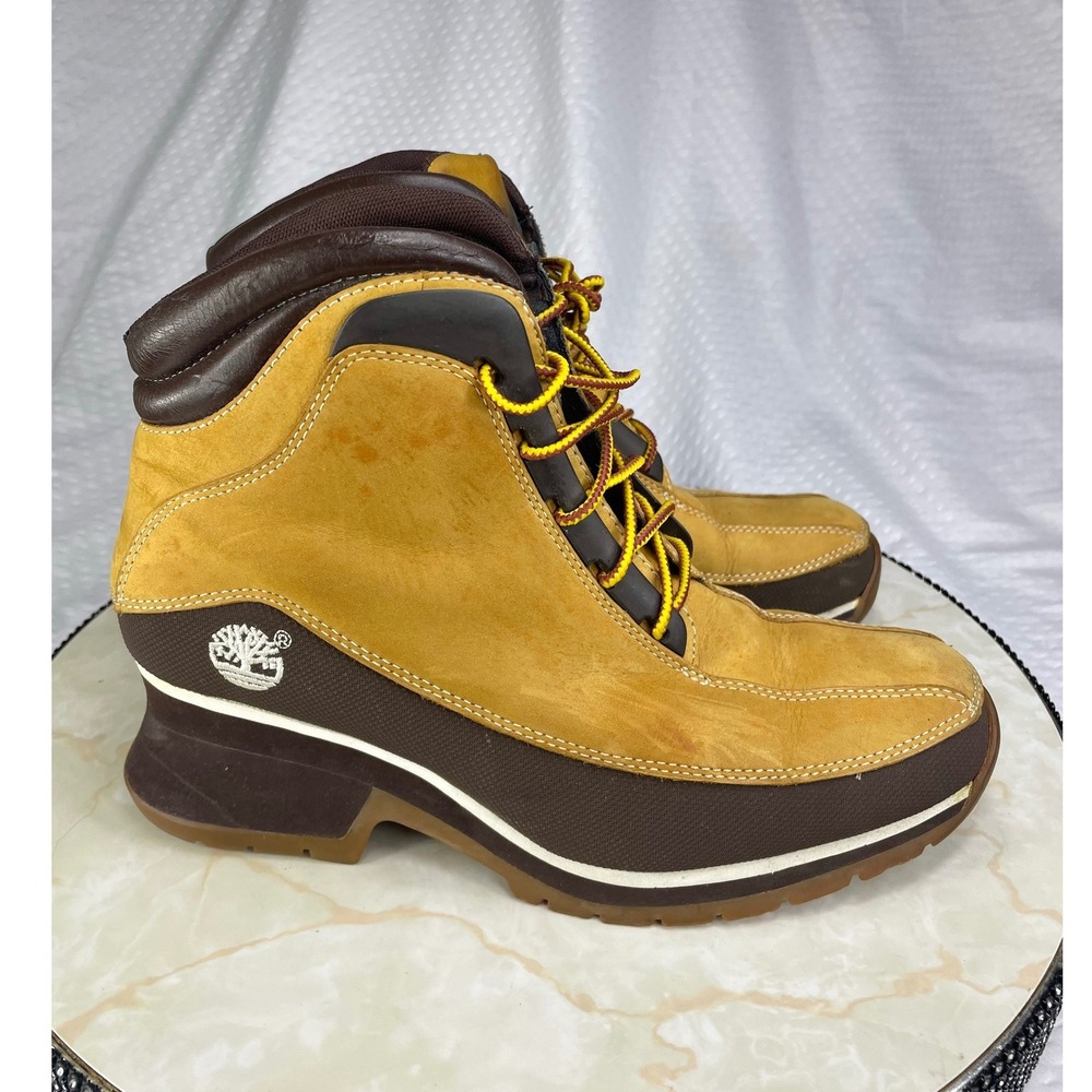 Timberland Heeled Nubuck Leather Ankle Boots Womens 8 Tan Brown Gorpcore Outdoor